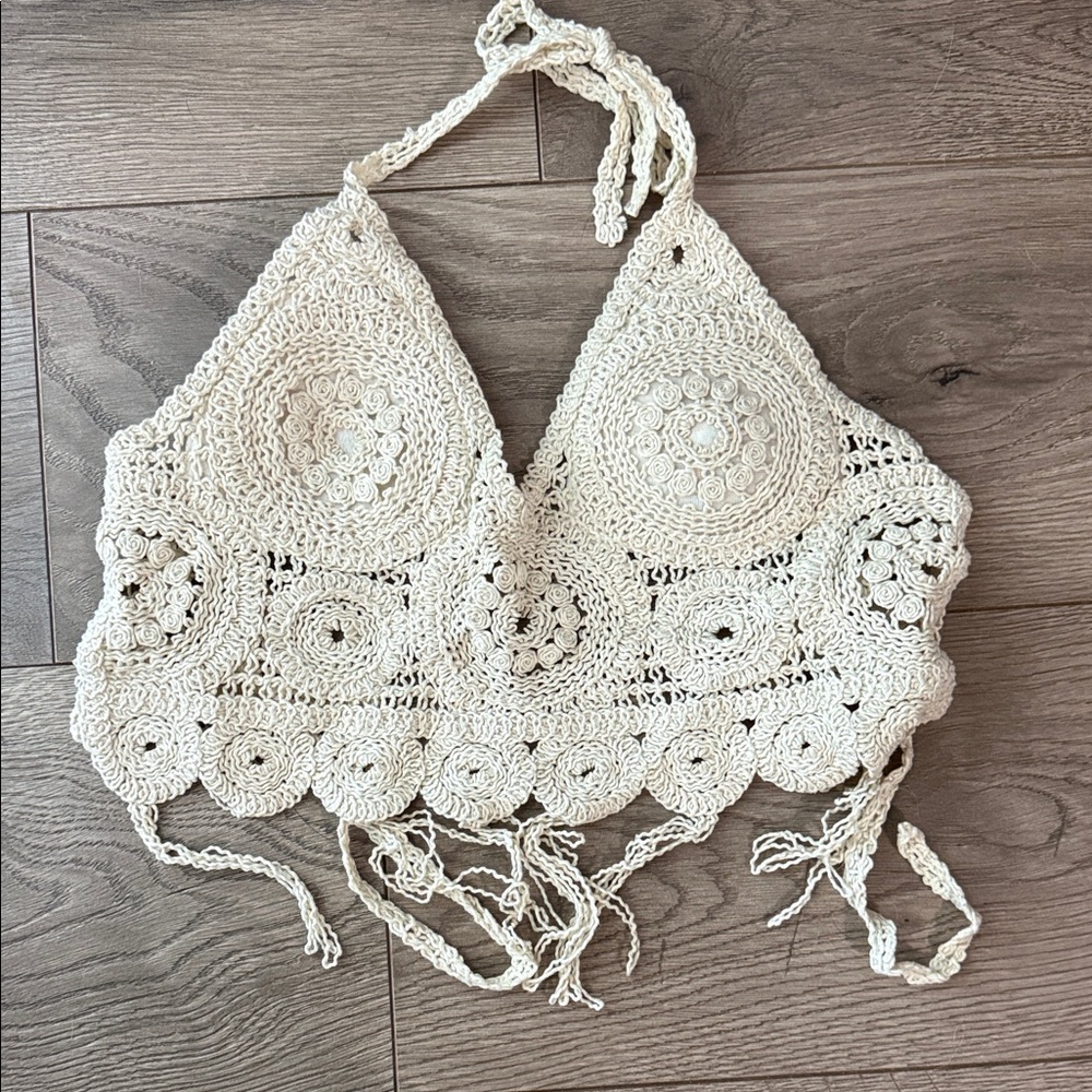 SHEIN Cream Crochet Halter Crop Top